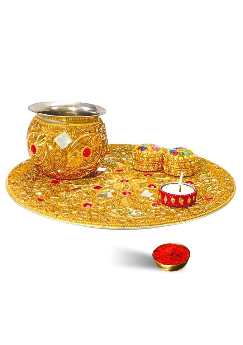 Santarms Karva Chauth Thaali Set Elegant Beaded Thali Combo with Kalash Chalni Diya Singhora Sindoor Box - Indya