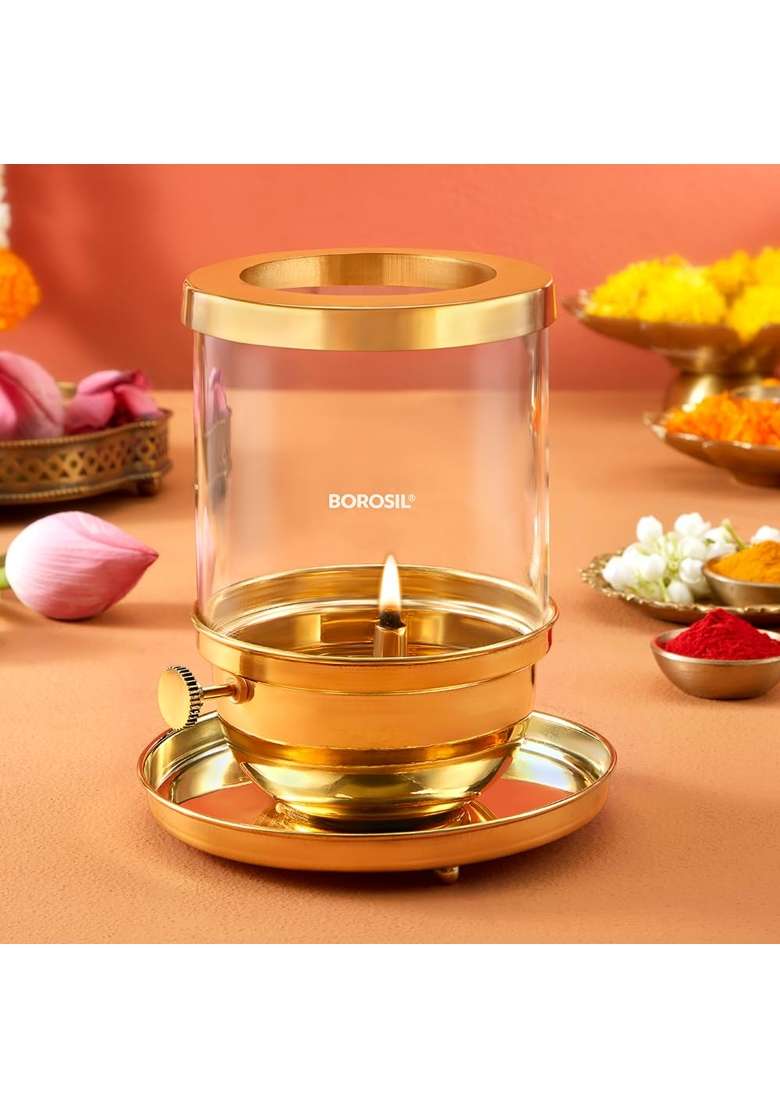 Borosil Gold Large Size Vandana Diya Decorative Brass Oil Lamp Tea Light Holder - Indya