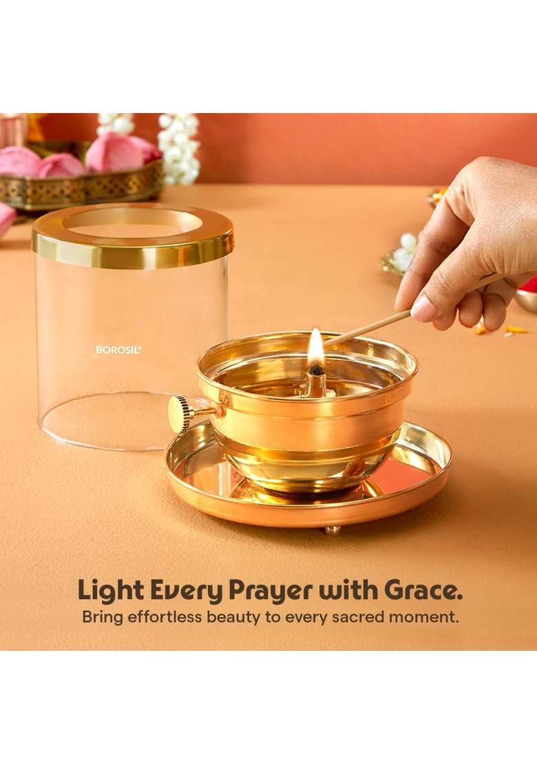 Borosil Gold Large Size Vandana Diya Decorative Brass Oil Lamp Tea Light Holder - Indya