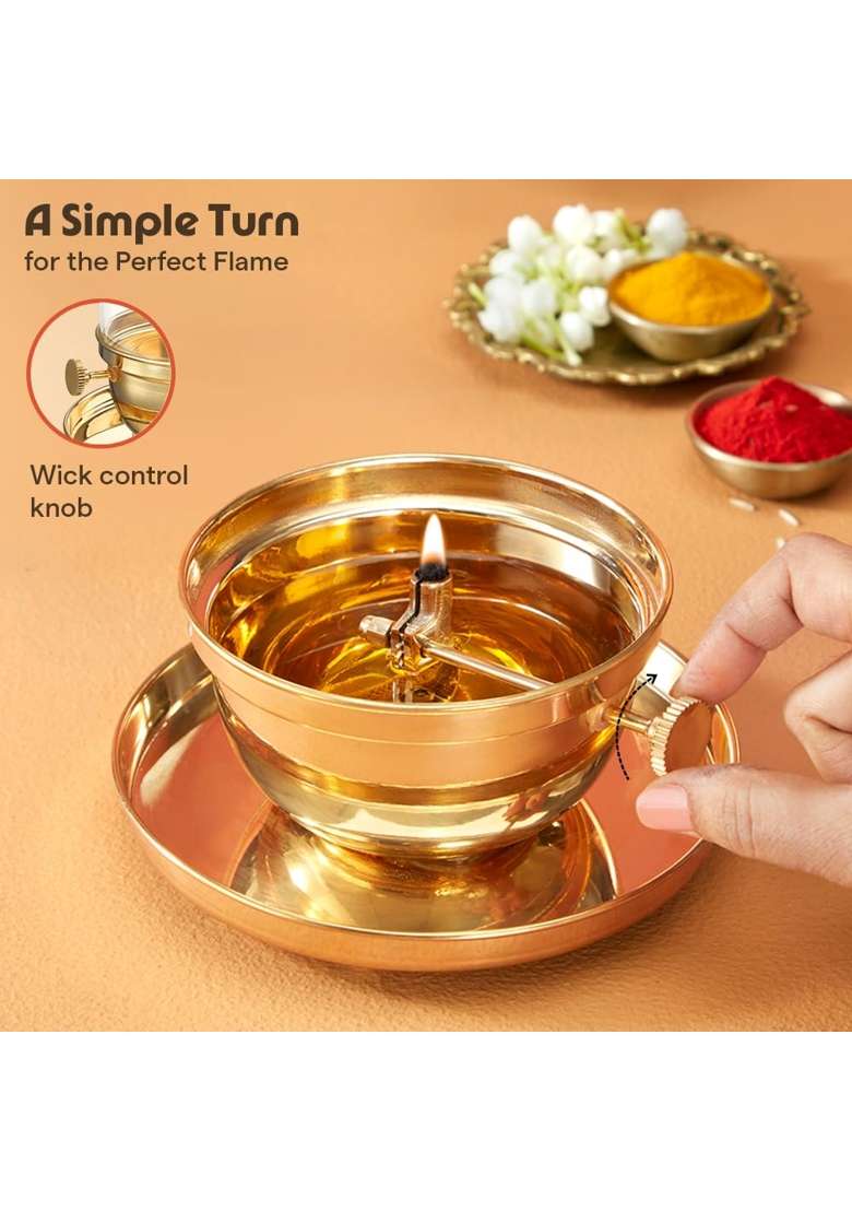 Borosil Gold Large Size Vandana Diya Decorative Brass Oil Lamp Tea Light Holder - Indya