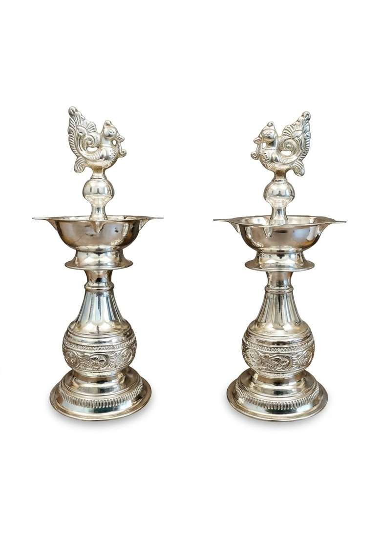Sgr Handicrafts German Silver Big Diya Decorative Pooja Diyas for Home Meditation and Yoga Set of 2 - Indya