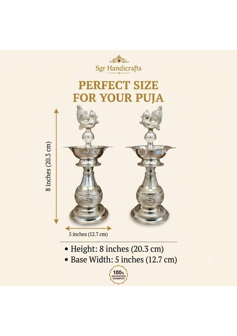 Sgr Handicrafts German Silver Big Diya Decorative Pooja Diyas for Home Meditation and Yoga Set of 2 - Indya