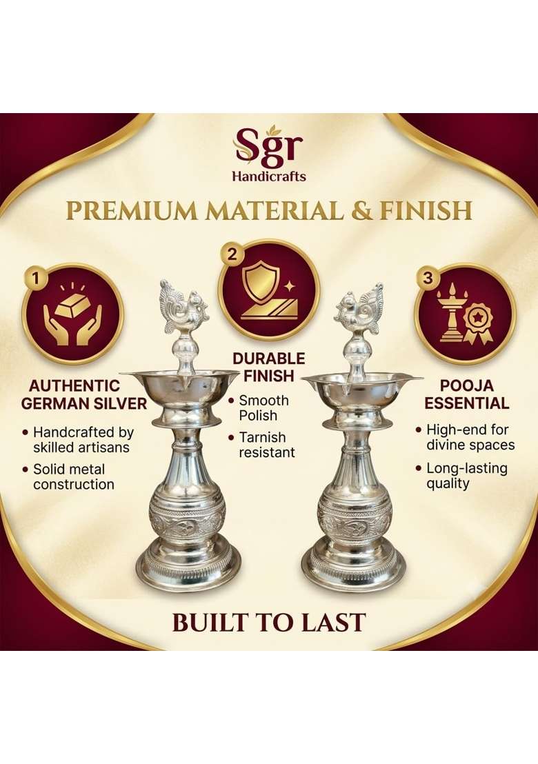 Sgr Handicrafts German Silver Big Diya Decorative Pooja Diyas for Home Meditation and Yoga Set of 2 - Indya