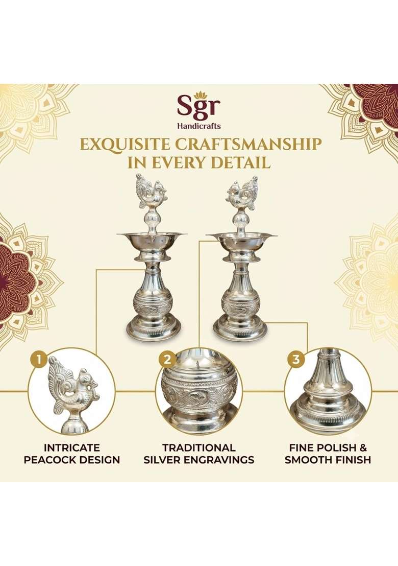 Sgr Handicrafts German Silver Big Diya Decorative Pooja Diyas for Home Meditation and Yoga Set of 2 - Indya