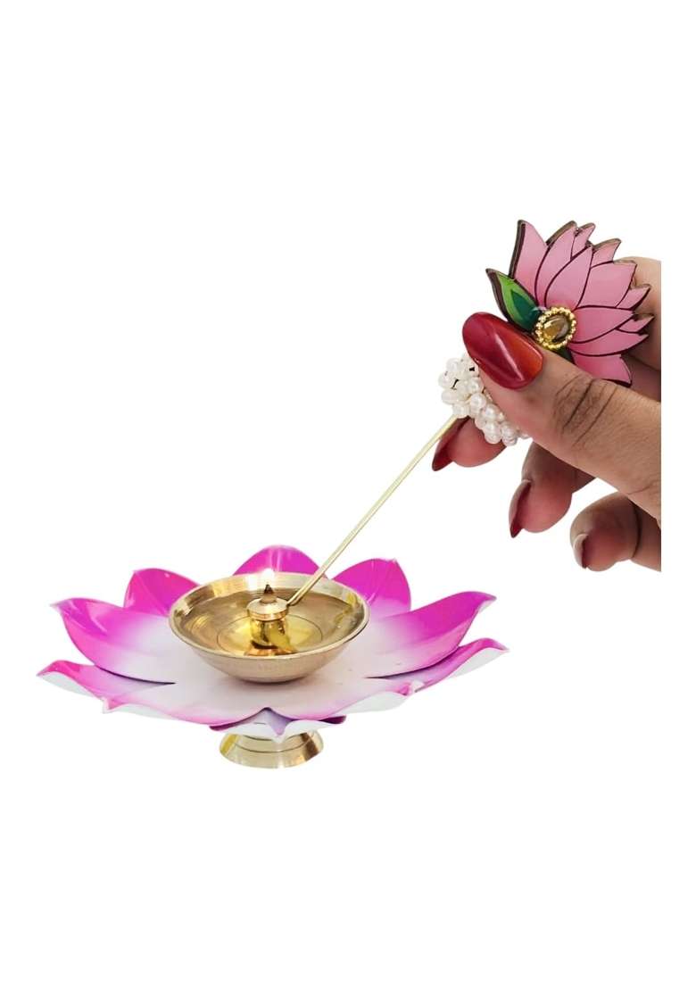 German Silver Decorative Plate with Jar Diya and Lotus Diya Stick Pooja Thali Set Home Decor - Indya