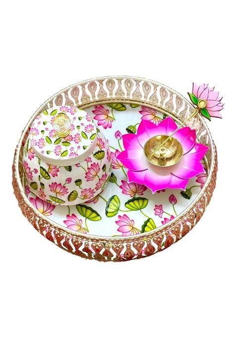 German Silver Decorative Plate with Jar Diya and Lotus Diya Stick Pooja Thali Set Home Decor