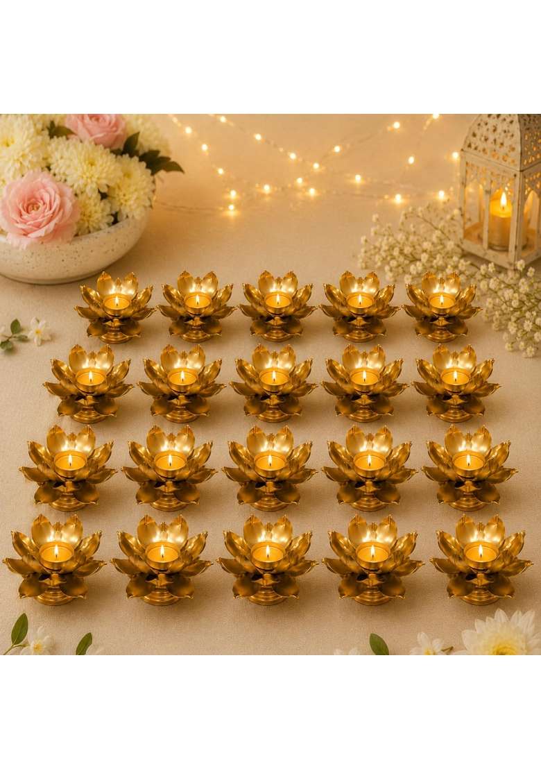 Easyera Small Golden Lotus Tealight Holder Decorative Metal Diya Stand for Home Pooja Set of 20 - Indya