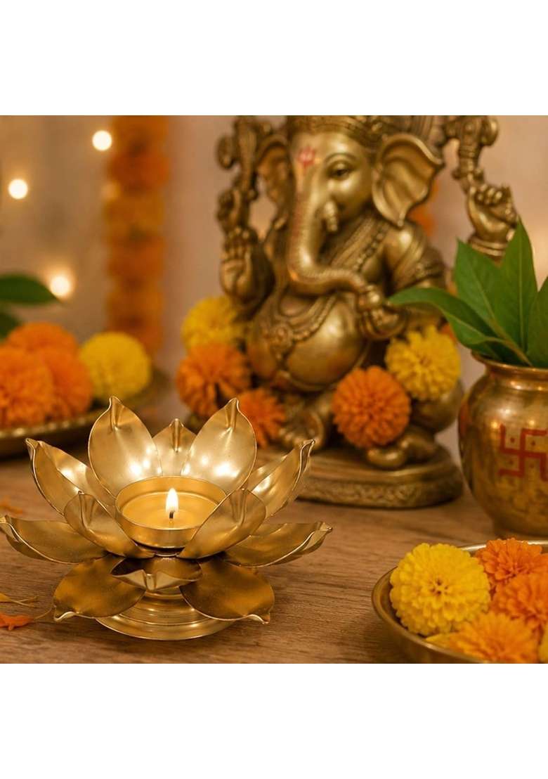 Easyera Small Golden Lotus Tealight Holder Decorative Metal Diya Stand for Home Pooja Set of 20 - Indya