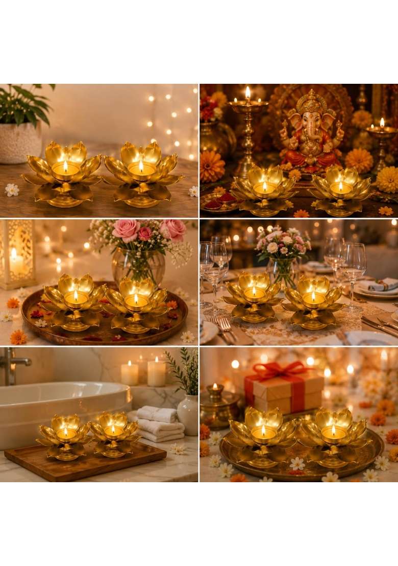 Easyera Small Golden Lotus Tealight Holder Decorative Metal Diya Stand for Home Pooja Set of 20 - Indya