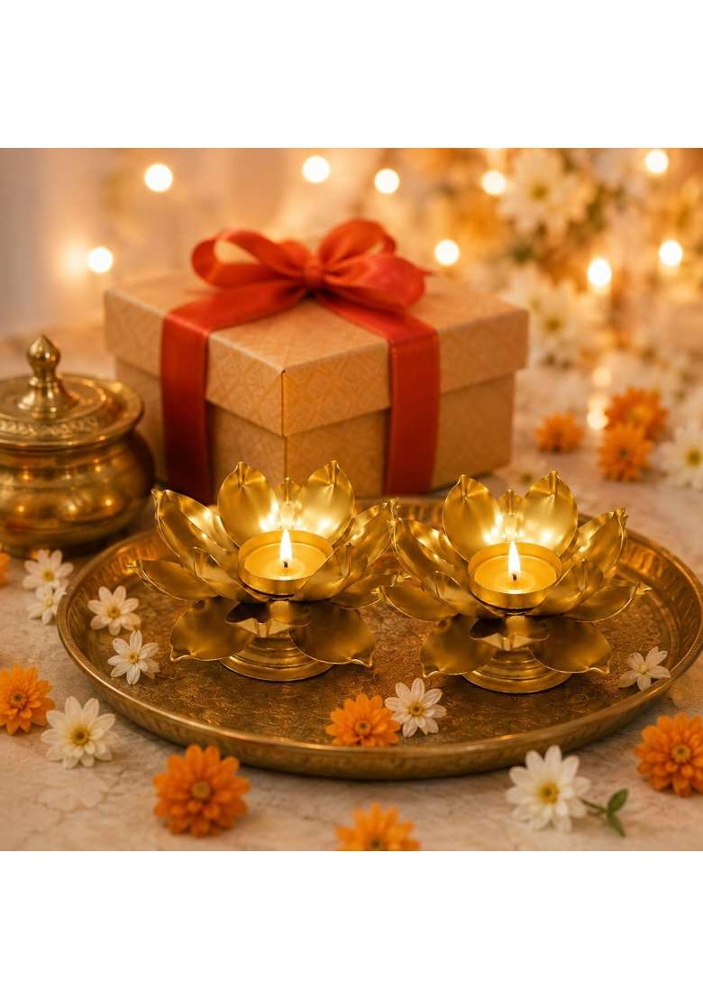 Easyera Small Golden Lotus Tealight Holder Decorative Metal Diya Stand for Home Pooja Set of 20 - Indya