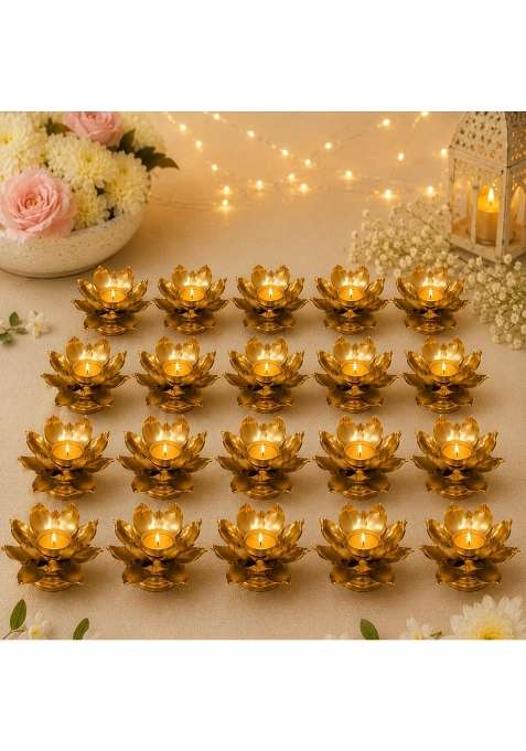 Easyera Small Golden Lotus Tealight Holder Decorative Metal Diya Stand for Home Pooja Set of 20