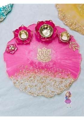 Handmade Resin Pooja Thali Set 10 Inch with Diya Holders and Ganesh Design