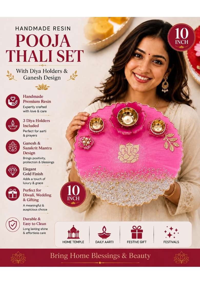 Handmade Resin Pooja Thali Set 10 Inch with Diya Holders and Ganesh Design - Indya