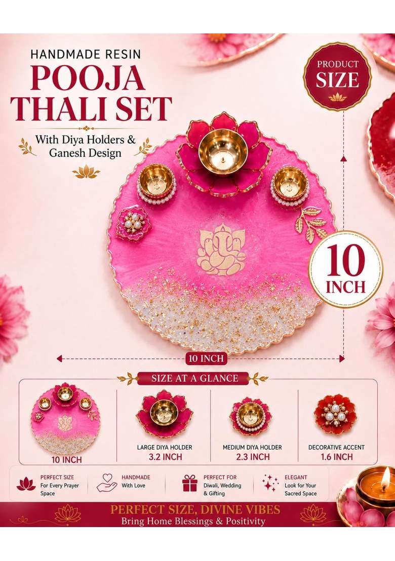 Handmade Resin Pooja Thali Set 10 Inch with Diya Holders and Ganesh Design - Indya