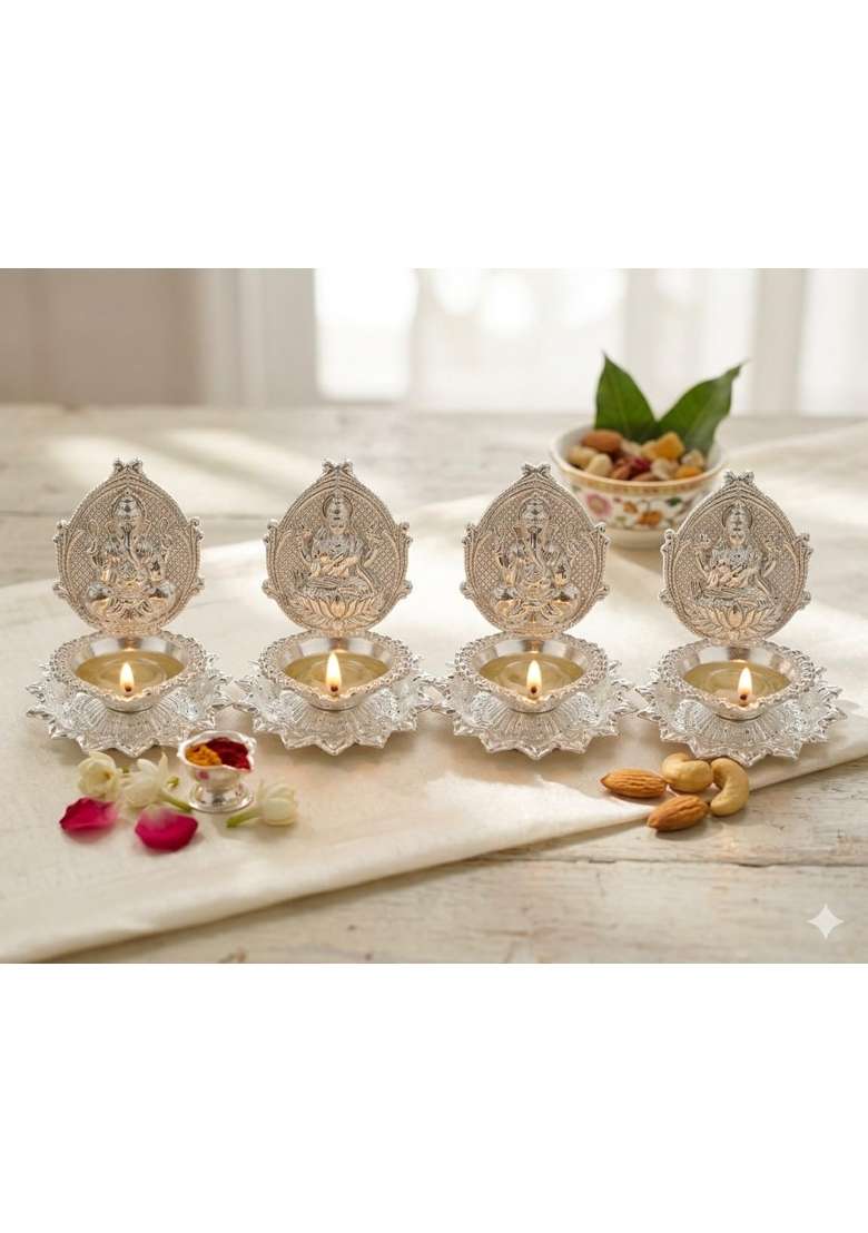 3P Homes Innovate Silver Ganesh and Lakshmi Lotus Diya Shaped Set for Pooja and Diwali - Indya
