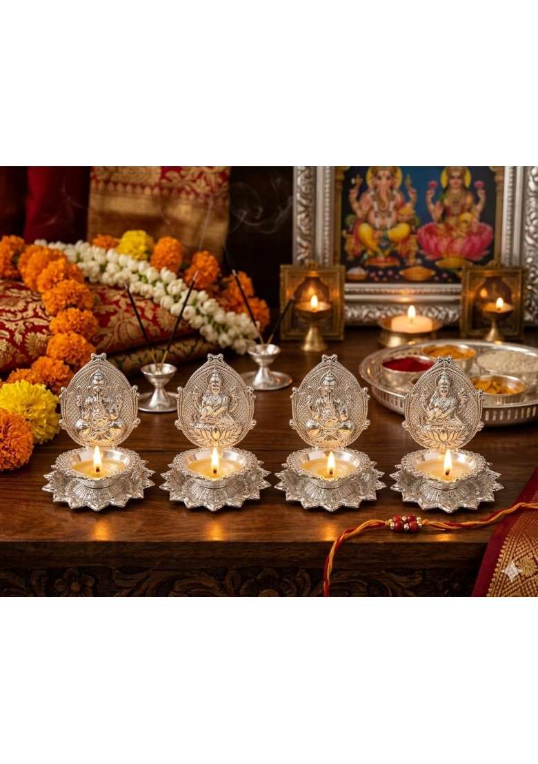 3P Homes Innovate Silver Ganesh and Lakshmi Lotus Diya Shaped Set for Pooja and Diwali - Indya