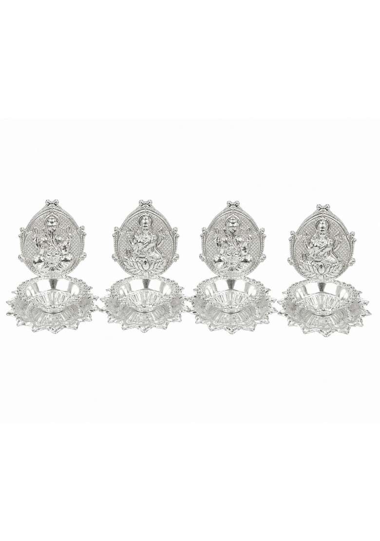 3P Homes Innovate Silver Ganesh and Lakshmi Lotus Diya Shaped Set for Pooja and Diwali - Indya