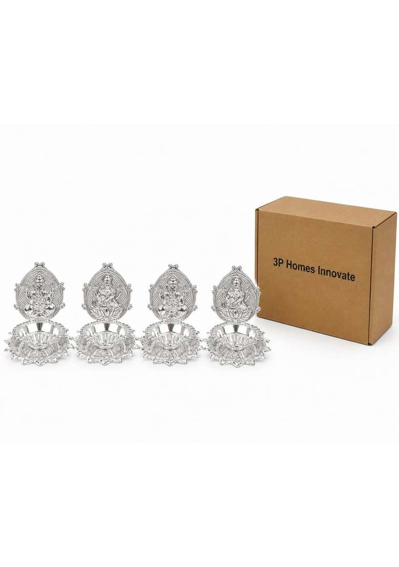 3P Homes Innovate Silver Ganesh and Lakshmi Lotus Diya Shaped Set for Pooja and Diwali - Indya