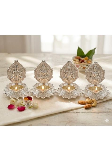 3P Homes Innovate Silver Ganesh and Lakshmi Lotus Diya Shaped Set for Pooja and Diwali
