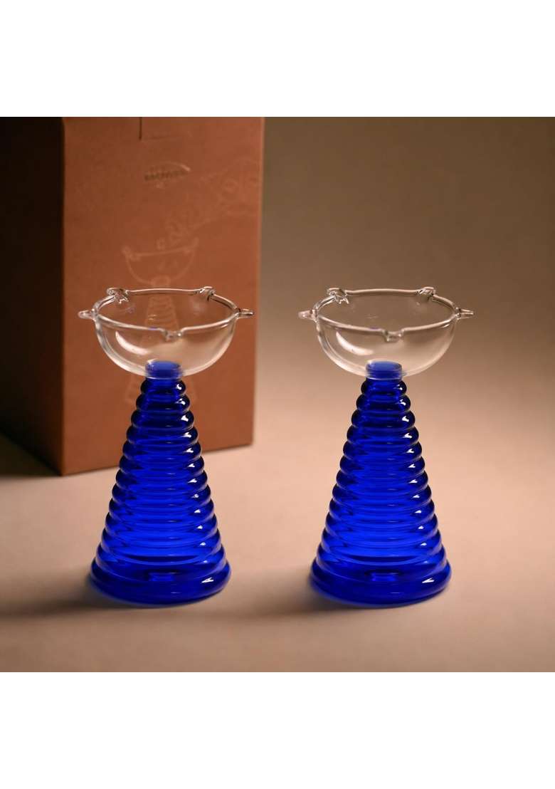 MUUN Home Tall Blue Glass Diya for Pooja Room and Mandir Decorative Oil Lamp for Diwali Decoration Set of 2 - Indya