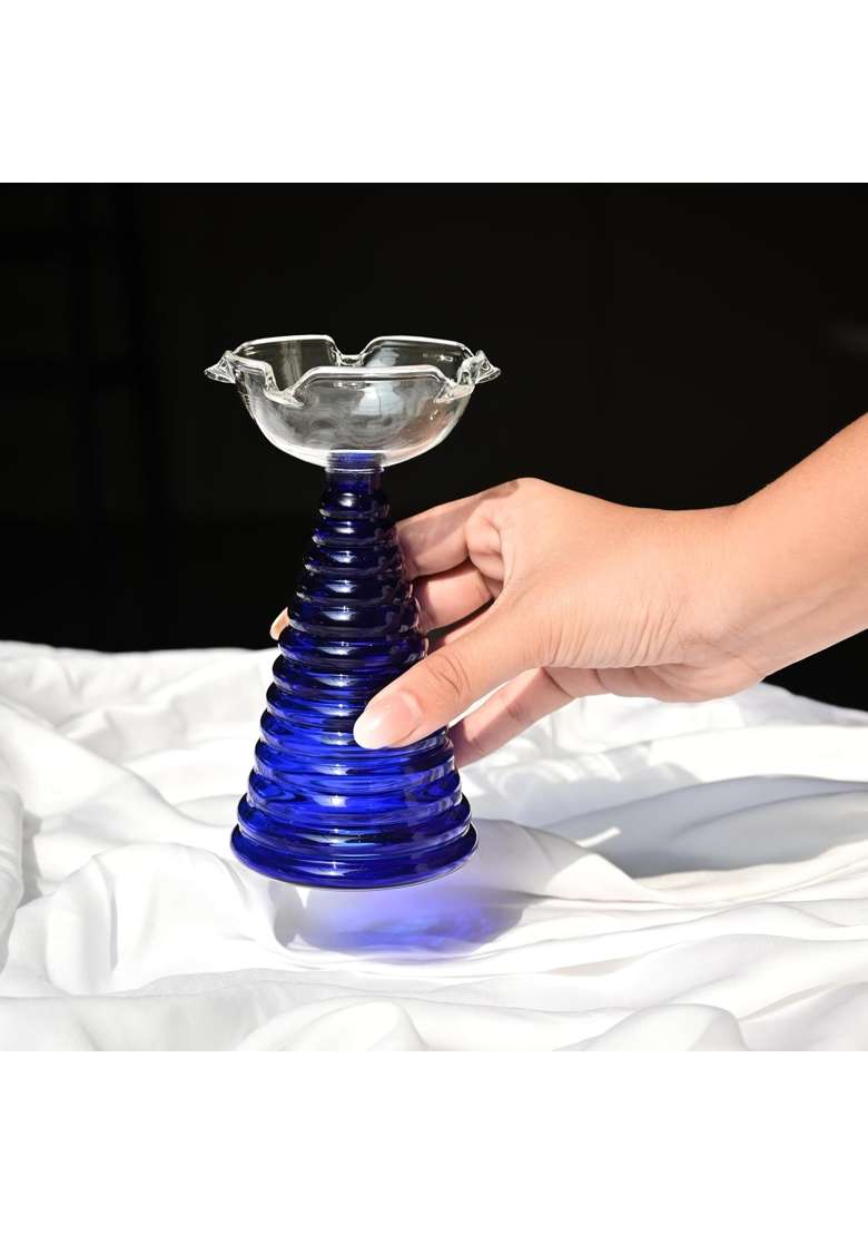 MUUN Home Tall Blue Glass Diya for Pooja Room and Mandir Decorative Oil Lamp for Diwali Decoration Set of 2 - Indya