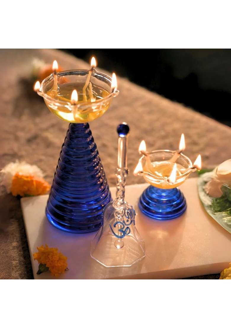 MUUN Home Tall Blue Glass Diya for Pooja Room and Mandir Decorative Oil Lamp for Diwali Decoration Set of 2 - Indya