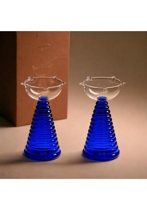MUUN Home Tall Blue Glass Diya for Pooja Room and Mandir Decorative Oil Lamp for Diwali Decoration Set of 2