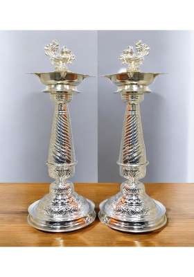 German Silver Peacock Handle Diya Stand 54 CM 21 Inch Traditional Temple Pooja Samai Set of 2