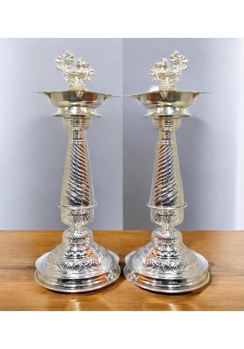 German Silver Peacock Handle Diya Stand 54 CM 21 Inch Traditional Temple Pooja Samai Set of 2