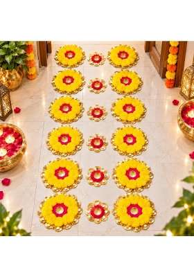 Rajasthan Kraft Artificial Marigold Flower Rangoli Set with Diya Holders for Diwali Decoration Pack of 18