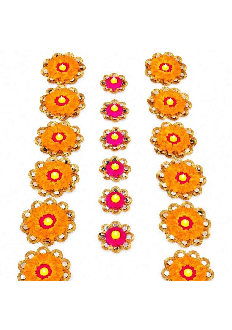 Rajasthan Kraft Artificial Marigold Flower Rangoli Set with Diya Holders for Diwali Decoration Pack of 18 - Indya