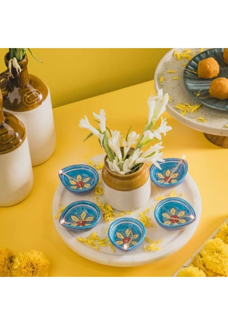 Atrangi Studio Starflower Blue Pottery Diya Handcrafted Decorative Oil Lamps Set of 10 - Indya