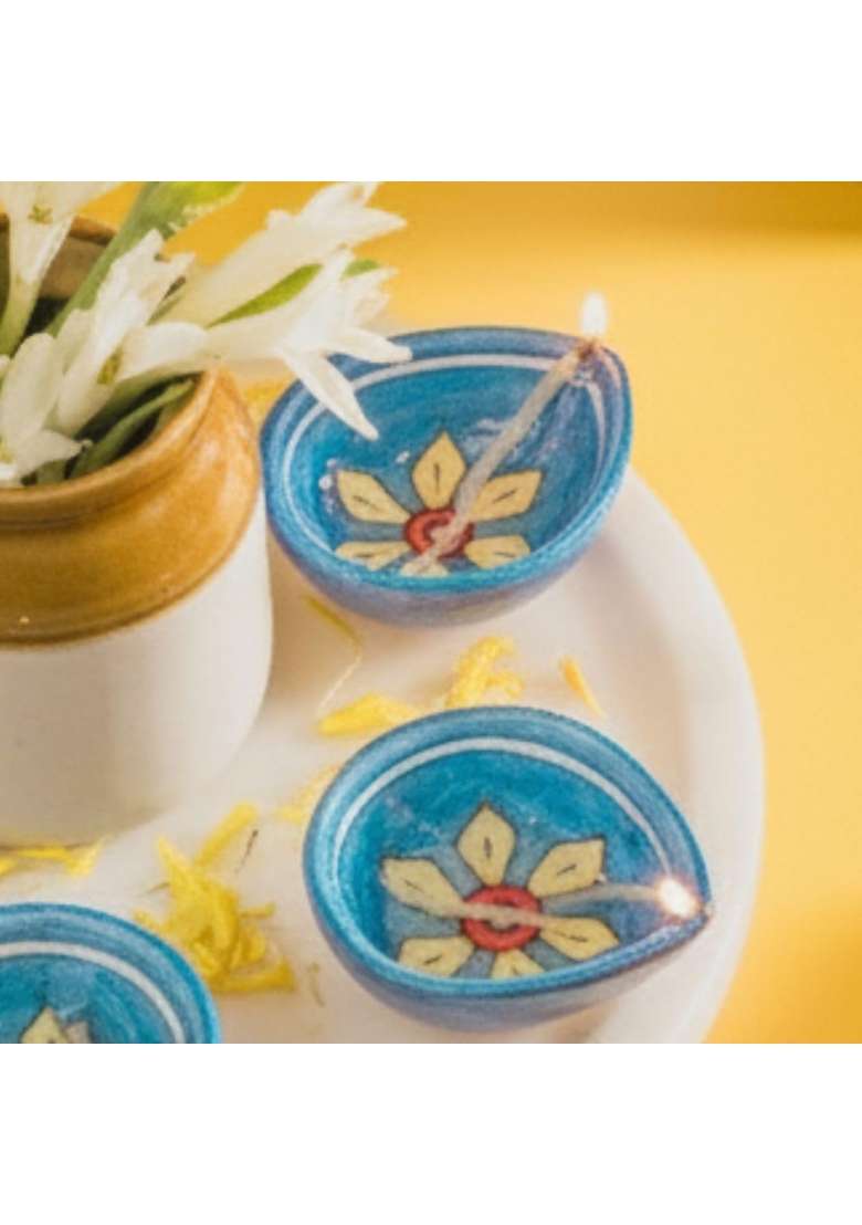 Atrangi Studio Starflower Blue Pottery Diya Handcrafted Decorative Oil Lamps Set of 10 - Indya