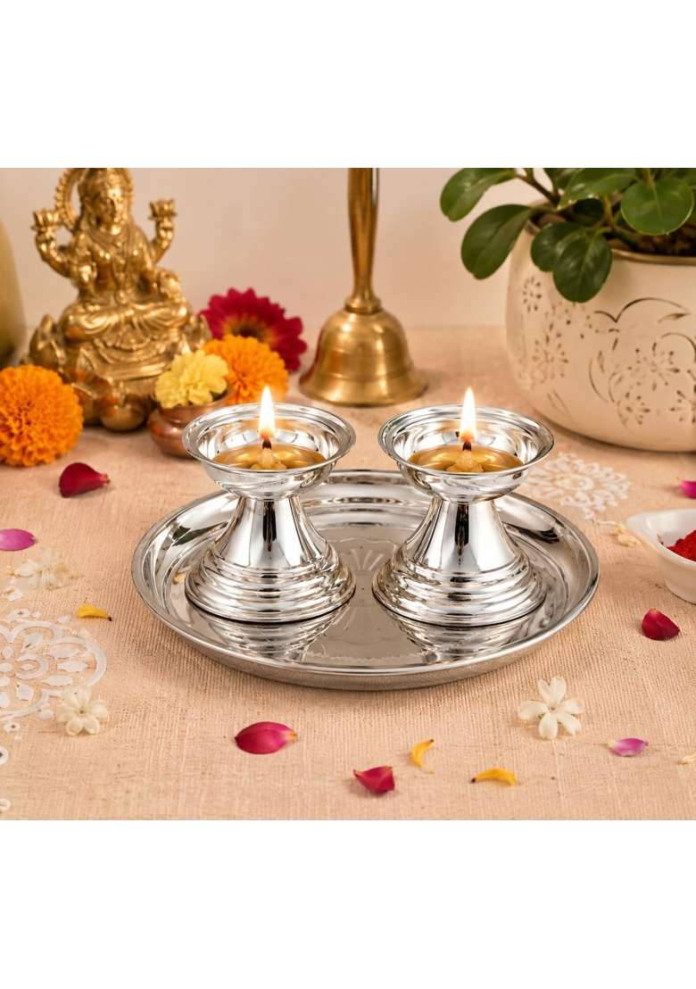 Sgr Handicrafts German Silver Finish Diya Set with Pooja Thali Set of 2 - Indya