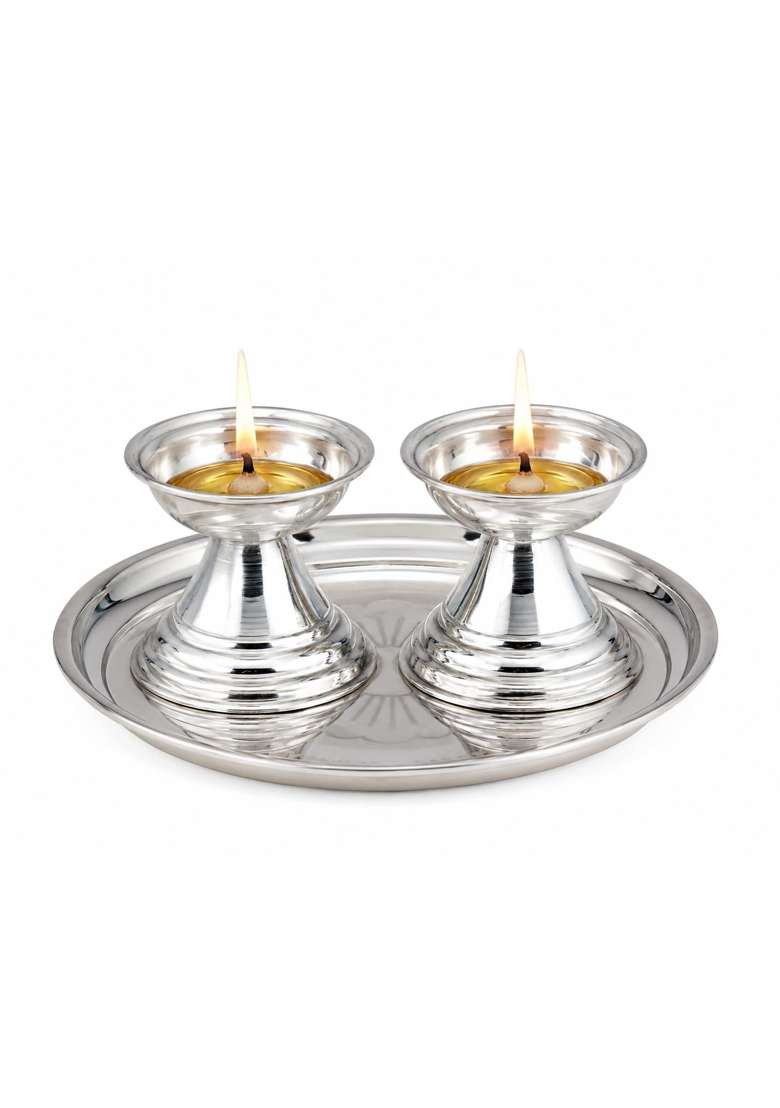 Sgr Handicrafts German Silver Finish Diya Set with Pooja Thali Set of 2 - Indya