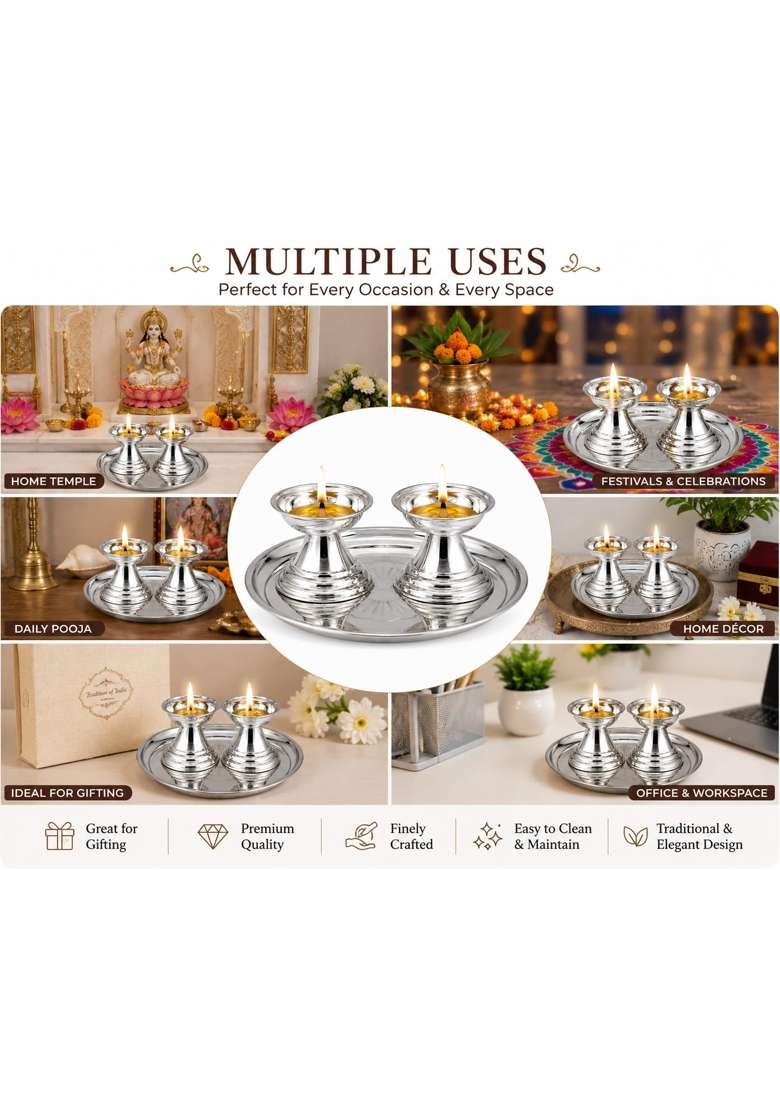 Sgr Handicrafts German Silver Finish Diya Set with Pooja Thali Set of 2 - Indya