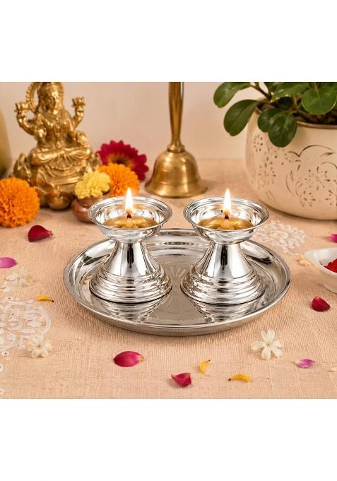 Sgr Handicrafts German Silver Finish Diya Set with Pooja Thali Set of 2