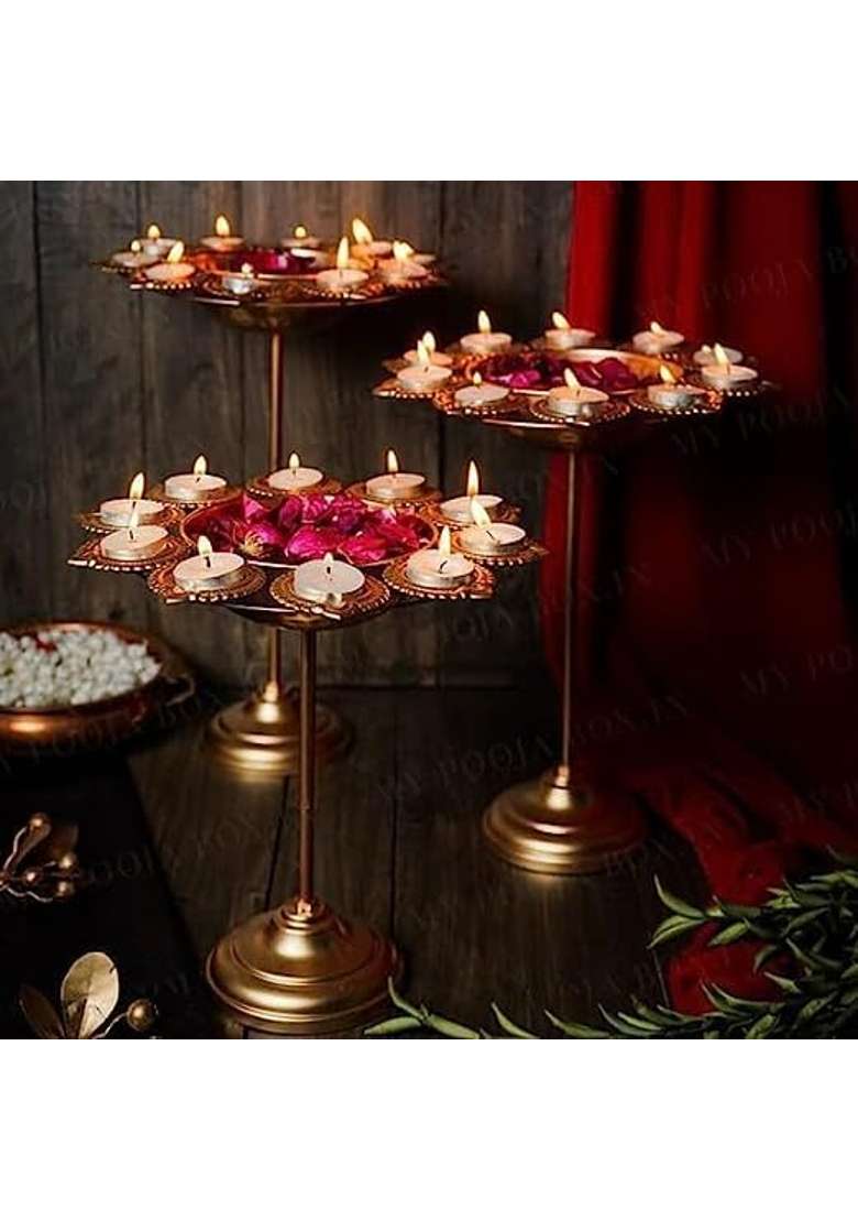 NK Handicrafts Aesthetic Floral Diya Urli with Stand for Home Decor Gold Decorative for Floating Pack of 3 - Indya