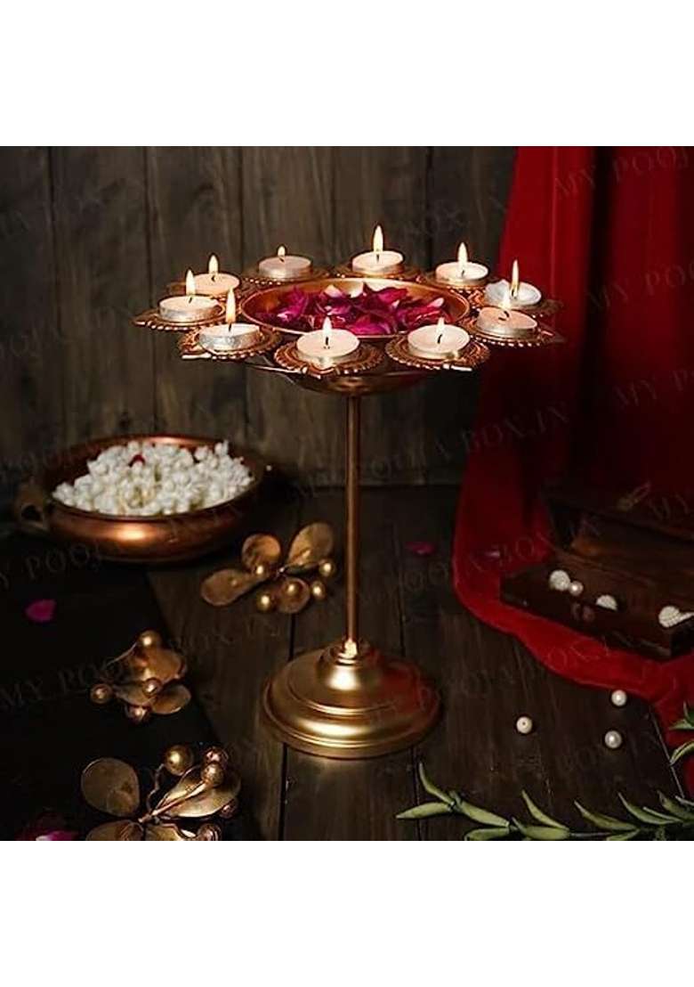 NK Handicrafts Aesthetic Floral Diya Urli with Stand for Home Decor Gold Decorative for Floating Pack of 3 - Indya