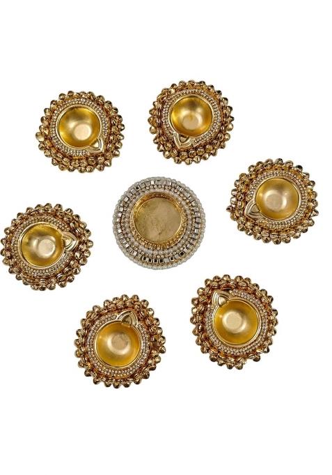Prisma Collections Traditional Decorative Diya Set Gold Plated with Crystal Rhinestones Pack of 7