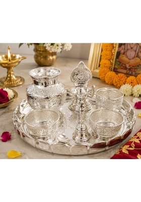 Sgr Handicrafts German Silver Pooja Thali Set 8 Pieces Decorative Puja Plate with Kalash Diya Bell