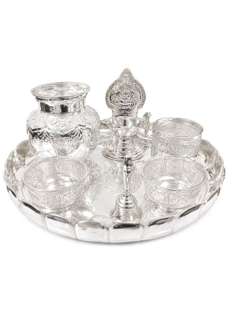 Sgr Handicrafts German Silver Pooja Thali Set 8 Pieces Decorative Puja Plate with Kalash Diya Bell - Indya