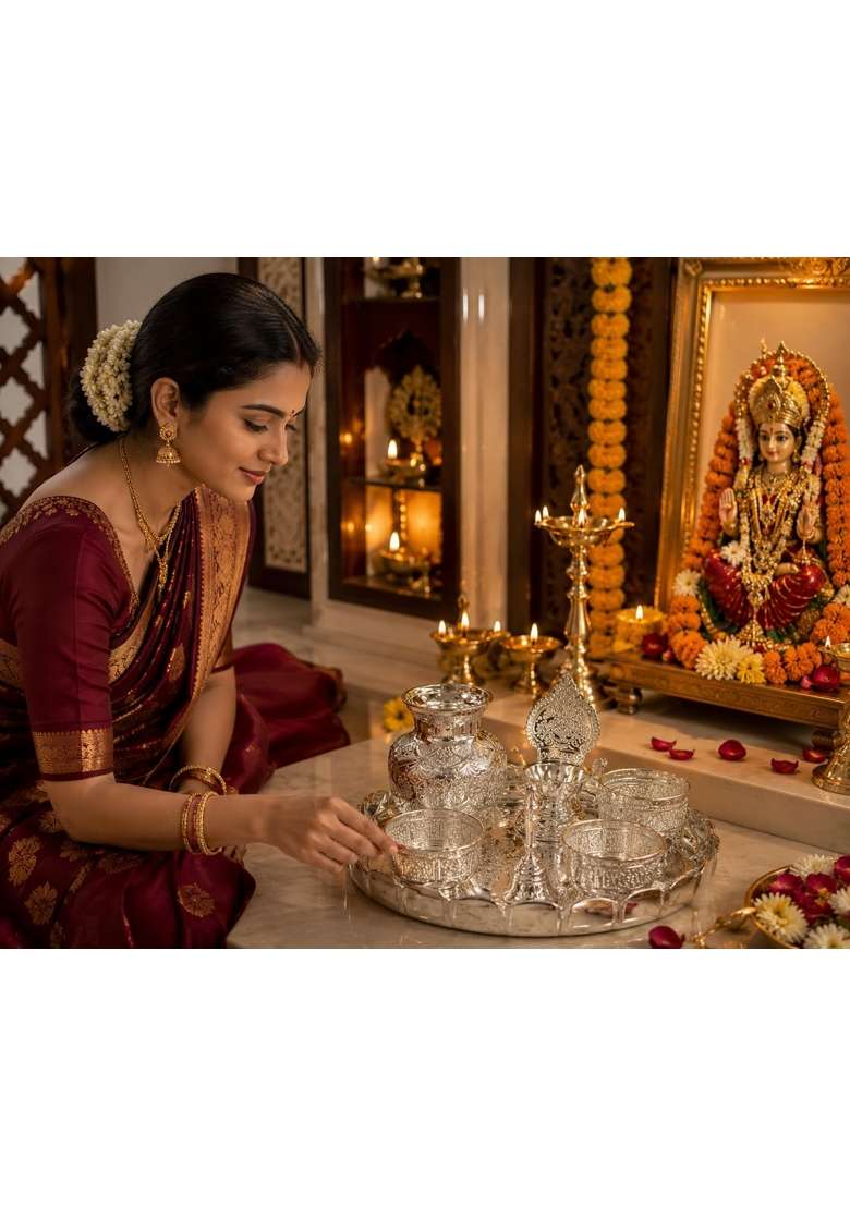 Sgr Handicrafts German Silver Pooja Thali Set 8 Pieces Decorative Puja Plate with Kalash Diya Bell - Indya