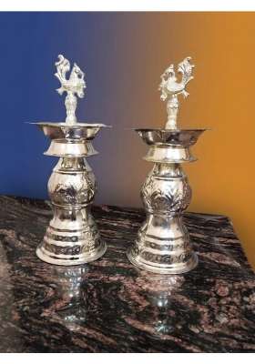 German Silver Peacock Diya Kuthu Vilakku for Puja Room 12 X 18 Inch Silver Plated Decorative Oil Set of 2