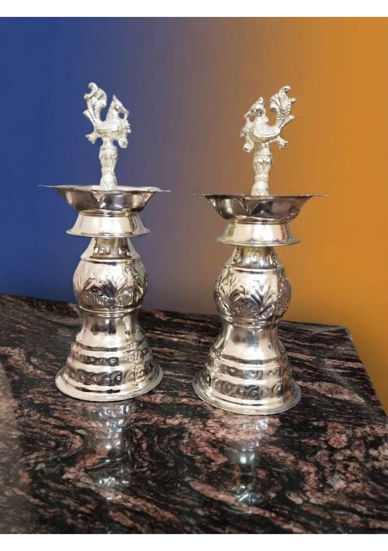 German Silver Peacock Diya Kuthu Vilakku for Puja Room 12 X 18 Inch Silver Plated Decorative Oil Set of 2 - Indya