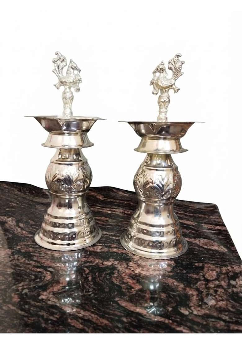 German Silver Peacock Diya Kuthu Vilakku for Puja Room 12 X 18 Inch Silver Plated Decorative Oil Set of 2 - Indya