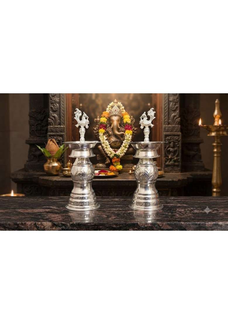 German Silver Peacock Diya Kuthu Vilakku for Puja Room 12 X 18 Inch Silver Plated Decorative Oil Set of 2 - Indya