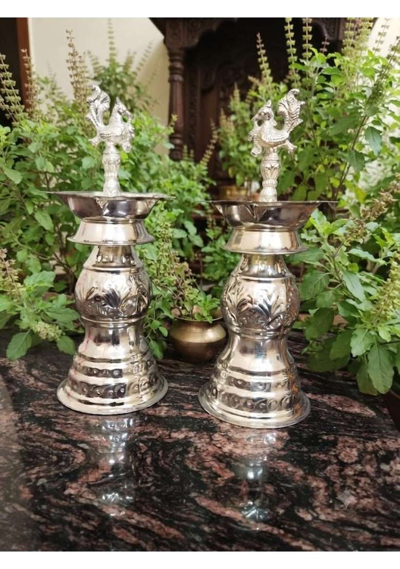 German Silver Peacock Diya Kuthu Vilakku for Puja Room 12 X 18 Inch Silver Plated Decorative Oil Set of 2 - Indya