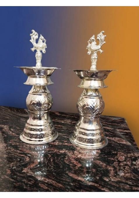 German Silver Peacock Diya Kuthu Vilakku for Puja Room 12 X 18 Inch Silver Plated Decorative Oil Set of 2