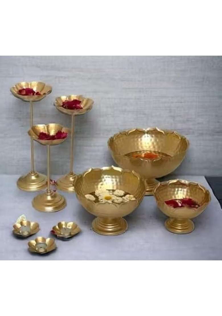 Golden Urli Bowl Set with Diya Stand Decorative Puja Urli - Indya